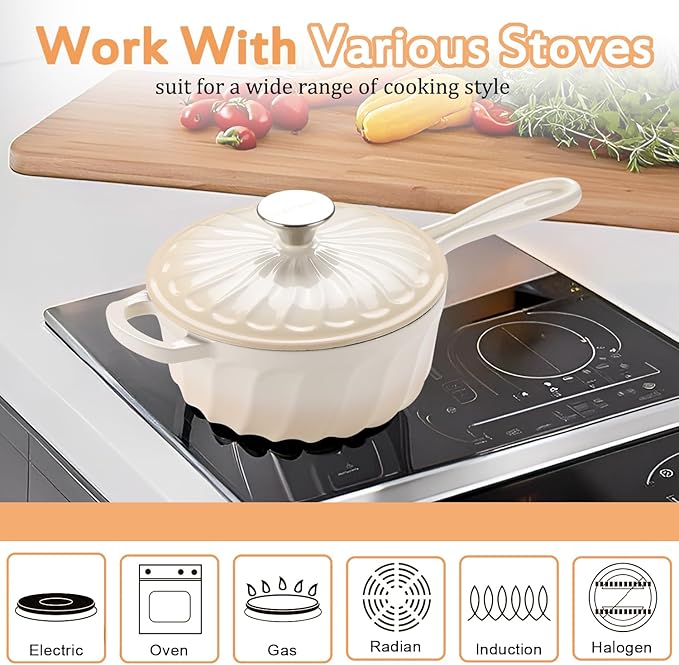 Enameled Cast Iron Sauce Pan, 2 Quart Enameled Saucepan with Lid, Mini Dutch Oven Enamel Saucepan for Cooking Pasta Sauce, Gravy, Puddings, Marinate, Boiling (Gradient Caramel)