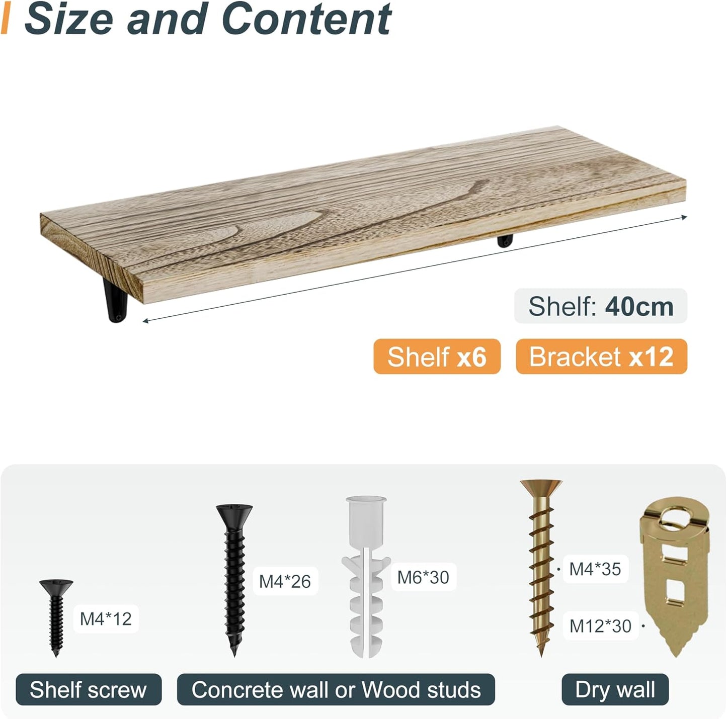 SKYSEN Floating Shelves for Wall Set of 6, 15.7in Wood Wall Shelf for Decor, Bathroom, Bedroom, Storage, Book,Kitchen, Living Room - Rustic Brown(fs-40-l)