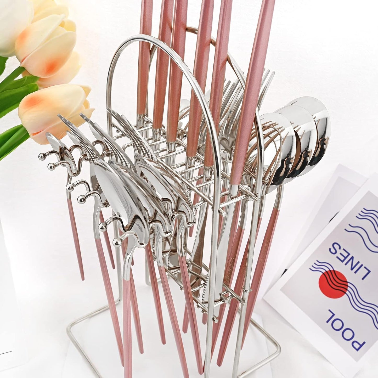 Pink Silver 24Pcs Flatware Set With Stand, Lightweight Dinnerware Set Stainless Steel Cutlery With Pink handles For Home Kitchen Wedding Party And Daily Use,Service For 6, Mirror Polish