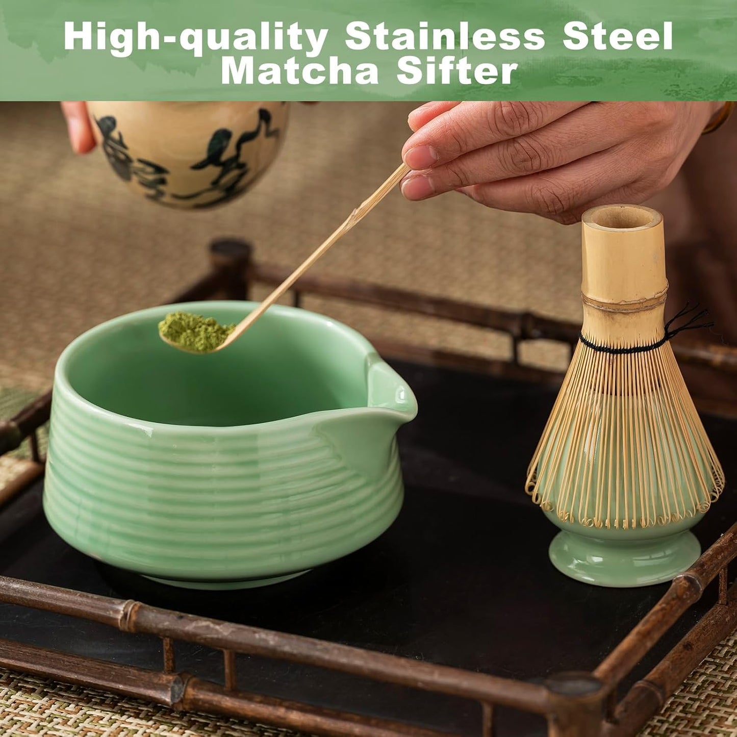 Matcha Whisk Set,(8Pcs) Includes Ceramic Matcha Bowl, Whisk, Holder, Scoop and Spoon, Rest, Sifter, Tea Towel,Traditional Tea Ceremony Set Gift(Green)