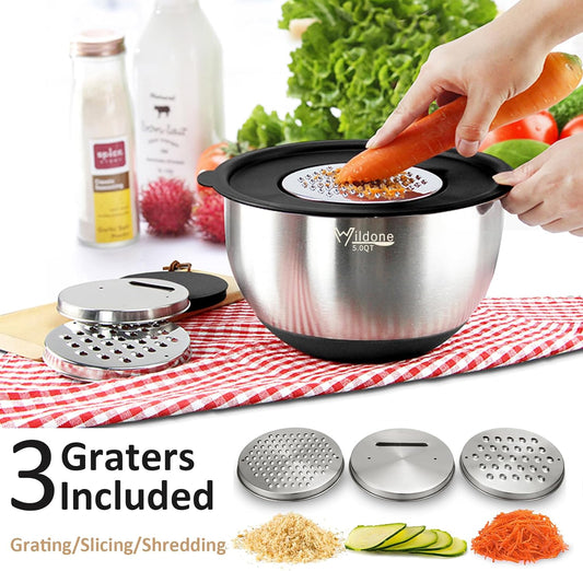 Wildone Mixing Bowls with Airtight Lids, 27 PCS Stainless Steel Nesting Bowls, with 3 Grater Attachments, Scale Mark & Non-Slip Bottom, Size 5, 4, 3, 2, 1.5, 1, 0.63QT, Ideal for Mixing & Prepping
