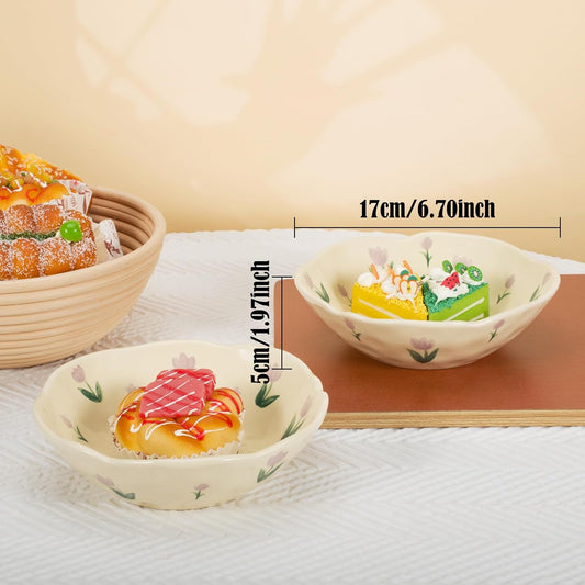 Koythin Salad Bowls Set of 2, Cute Purple Tulip Flower Ceramic Bowls, Cream Yellow Serving Bowl for Pasta, Cereal, Fruit, Soup, Rice, Dishwasher and Microwave Safe (Purple Tulip Set of 2)