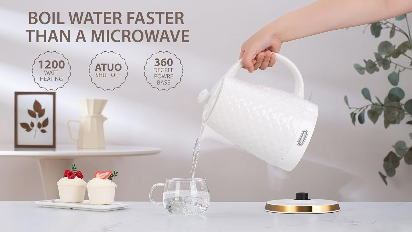 Ceramic Electric Kettle, 1.5L/1200W Boil Water Quickly and Easily with Boil-Dry Protection Auto Shut Off, Detachable Swivel Base, White Relief Carving
