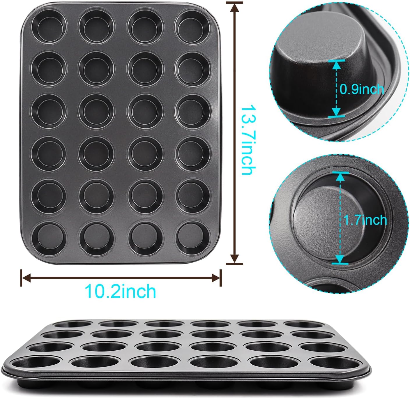 2 Packs Round Muffin Baking Pan, Premium Steel Muffin Pan for Baking, Nonstick Cupcake Tin Cheesecake Pans, Bakeware Muffin Top Pan (24 Cups, Black)
