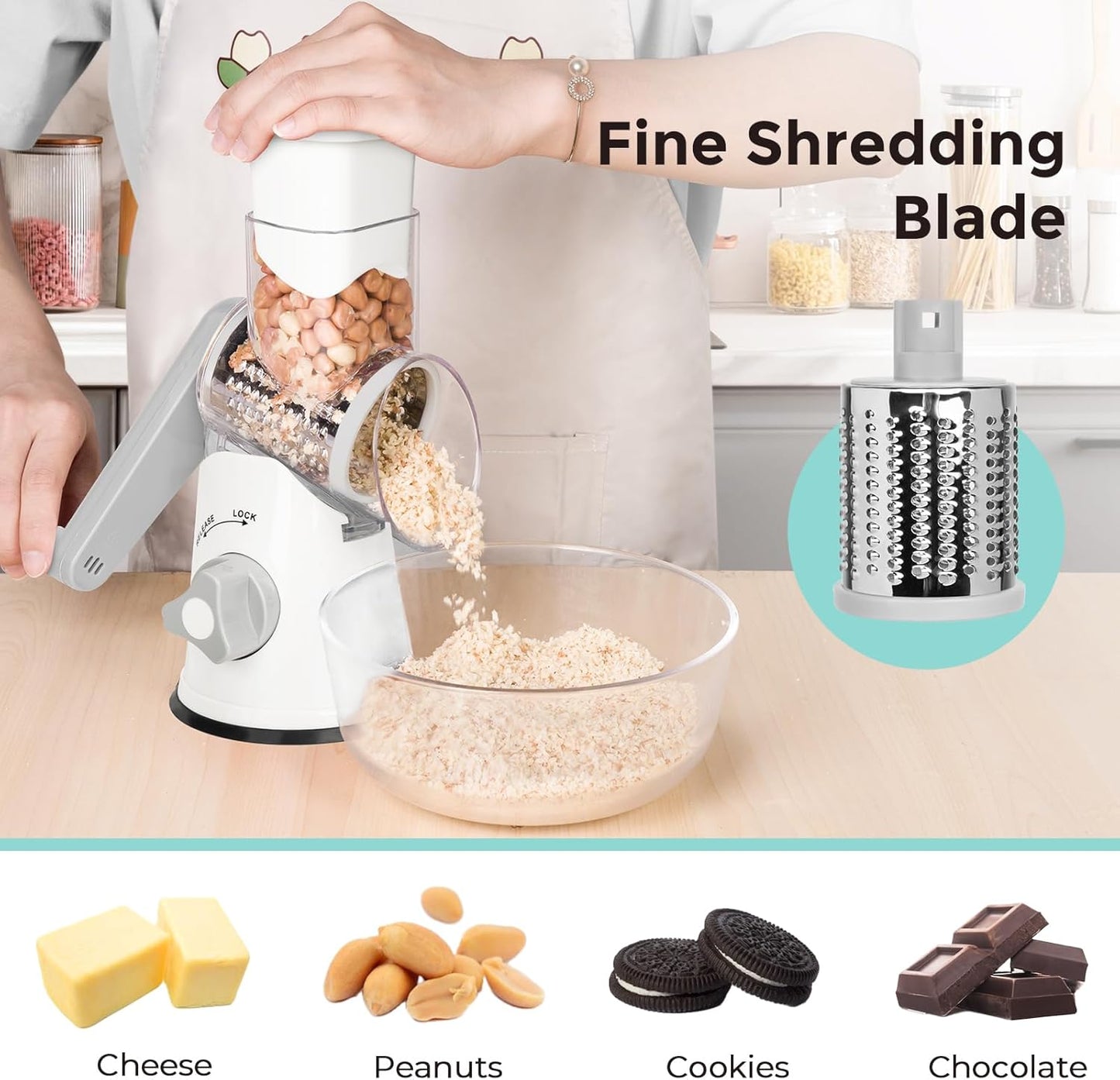X Home Rotary Cheese Grater for Kitchen, Shredder with 3 Interchangeable Blades, Rotary Grater with Handle and Strong Suction Base, for Vegetables, Fruit, Nuts, Easy to Use and Clean, White