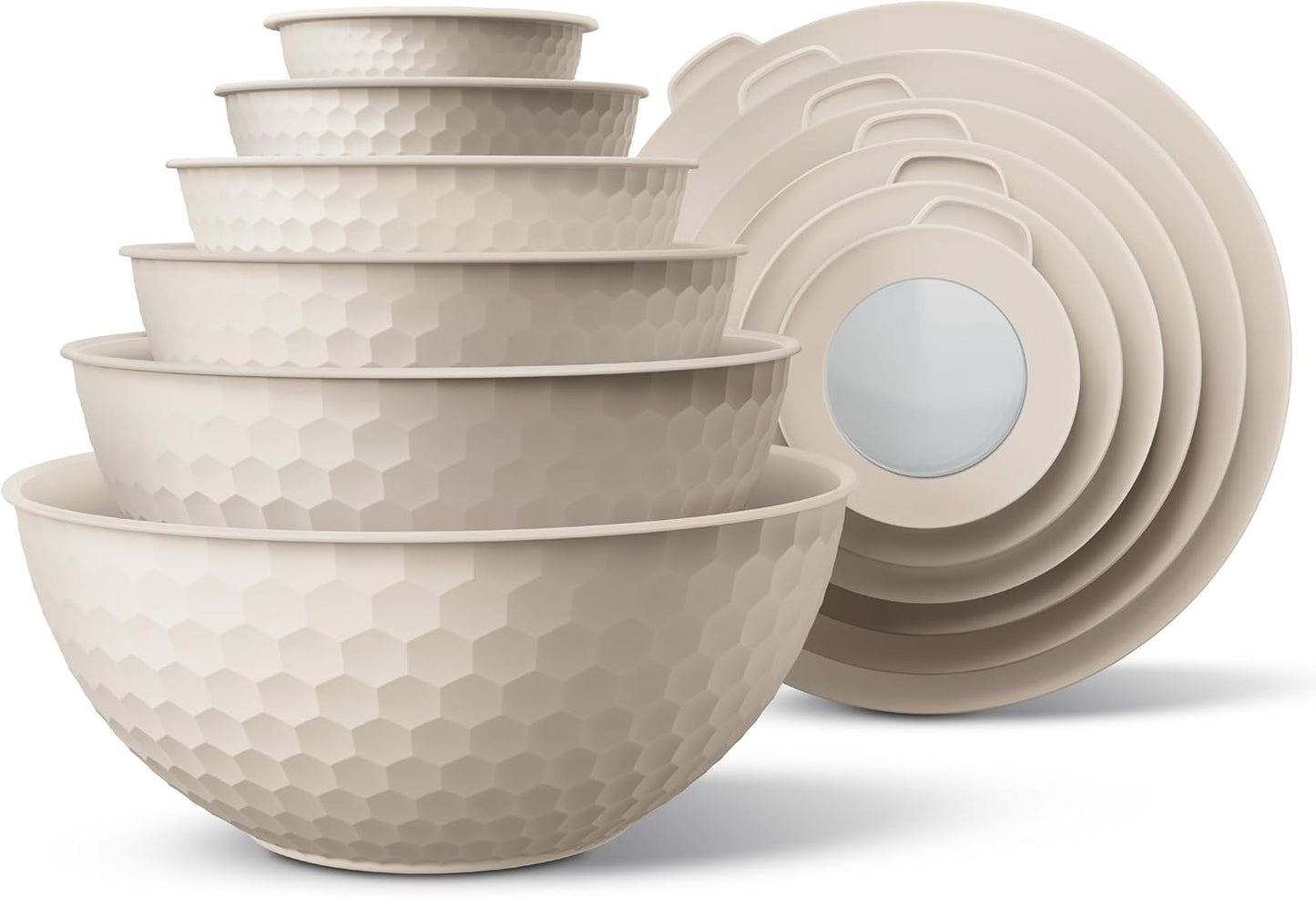 COOK WITH COLOR Mixing Bowls with Lids - 12 Piece Plastic Nesting Bowls Set includes 6 Prep Bowls and 6 Lids, Non Slip Bottom and Embossed Design - Microwave Safe (Cream)