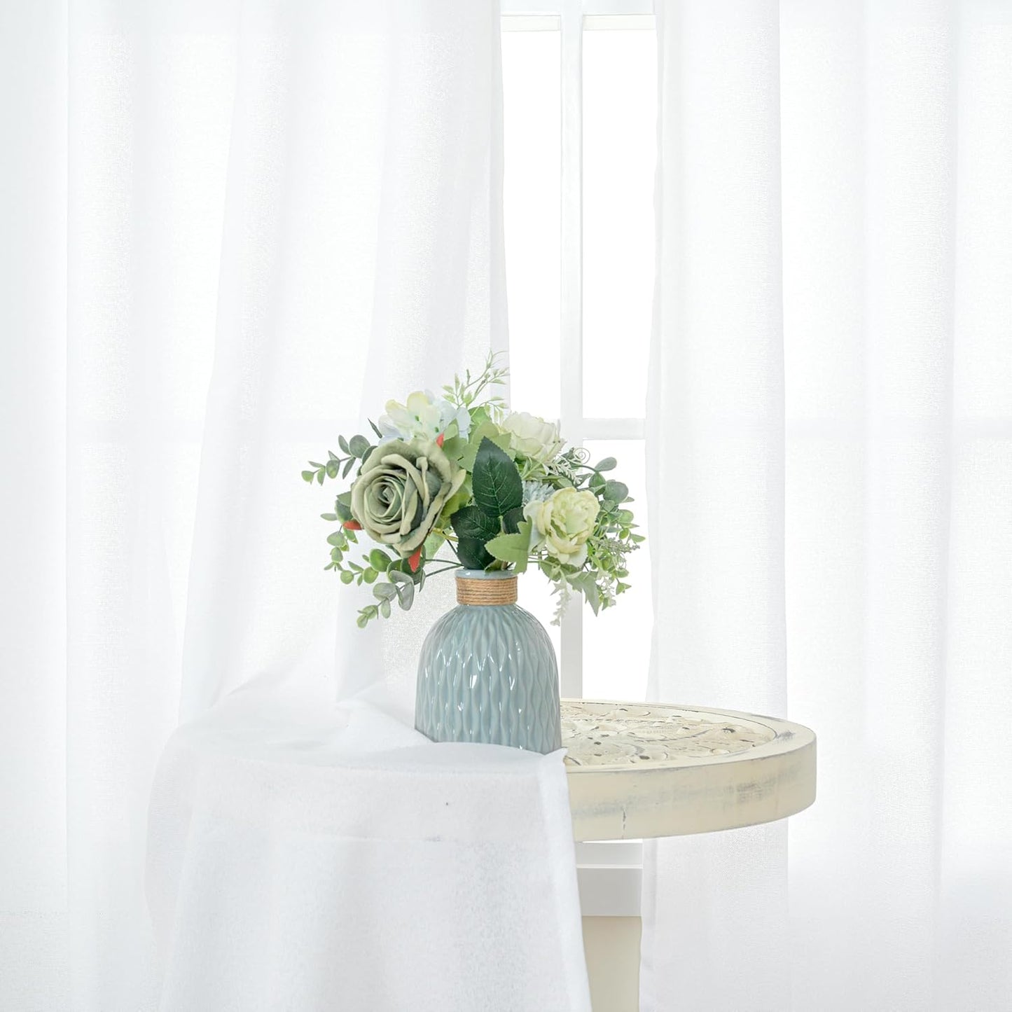 YoungsTex 45 Inch Length White Linen Curtains for Kitchen Cafe Window - Short Semi Sheer Drapes Light Filtering with Bronze Grommet Privacy for Bedroom Bathroom, 2 Panels, 42 X 45 Inch