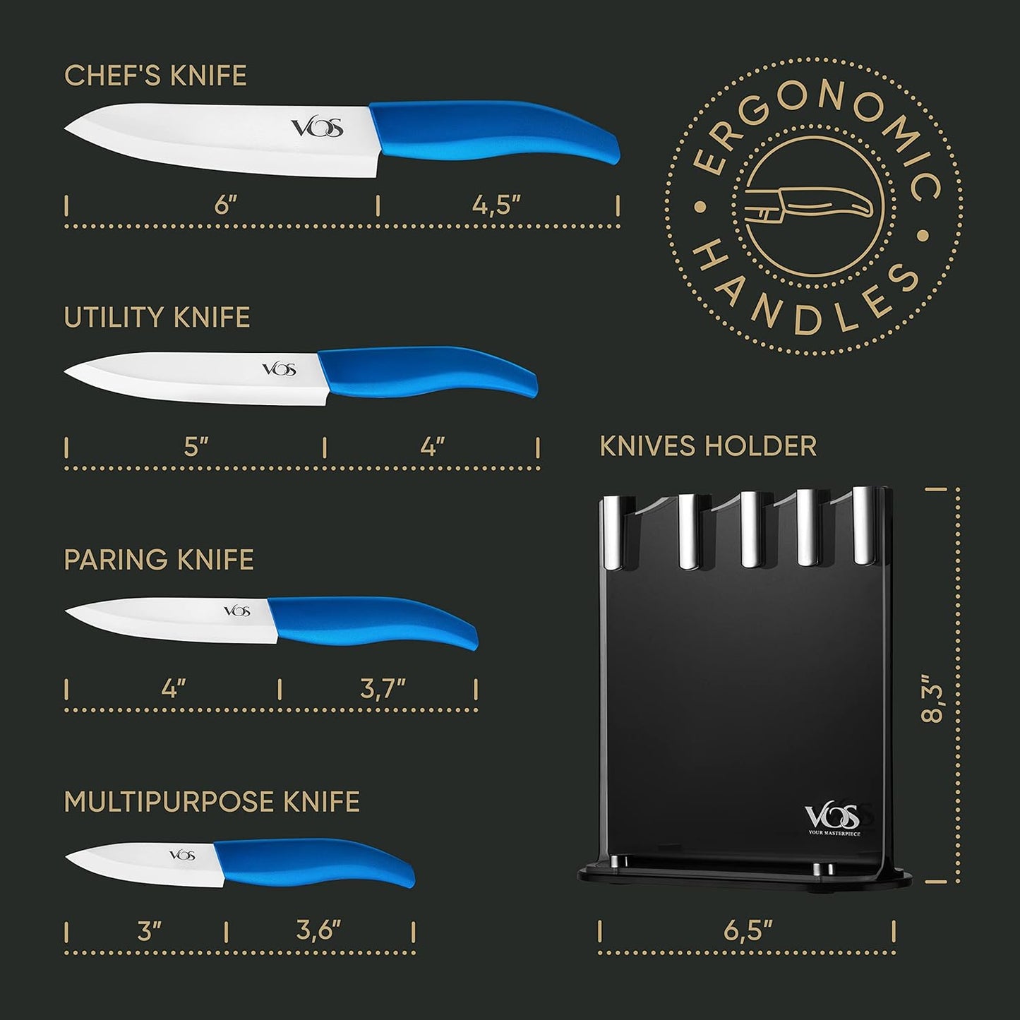 Vos Ceramic Knife Set with Block, Ceramic Knives Set For Kitchen, Ultra Sharp Kitchen Knife Set with Covers, 3" 4" 5" 6" Chef Knife, Utility, Paring & Versatile, Lightweight, Dishwasher safe (Blue)