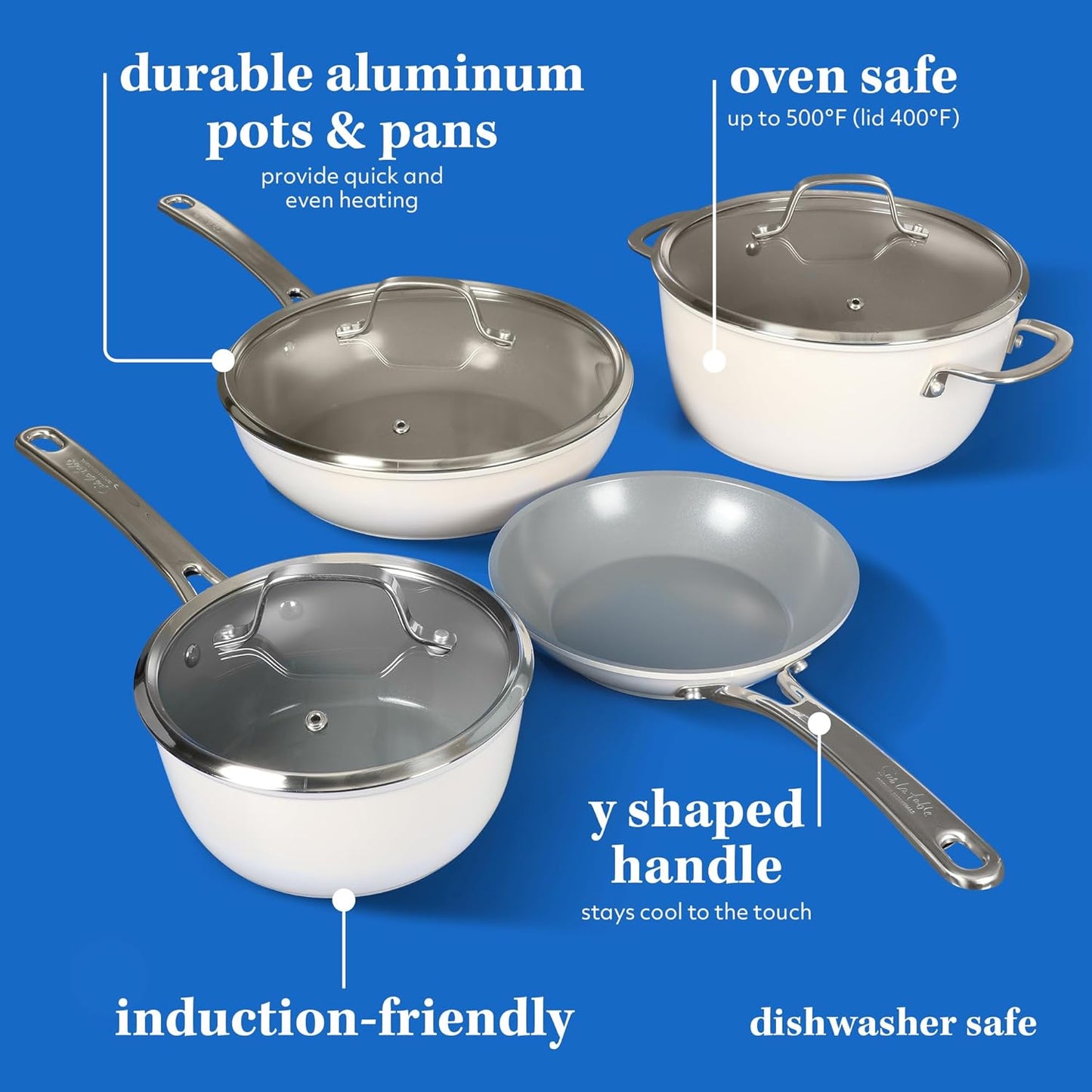 Sur La Table Kitchen Essentials 10 Piece PFA Free Non-Toxic Titanium Ceramic Nonstick Interior Forged Aluminum Cookware Pots and Pans Set - Linen White - Induction Compatible