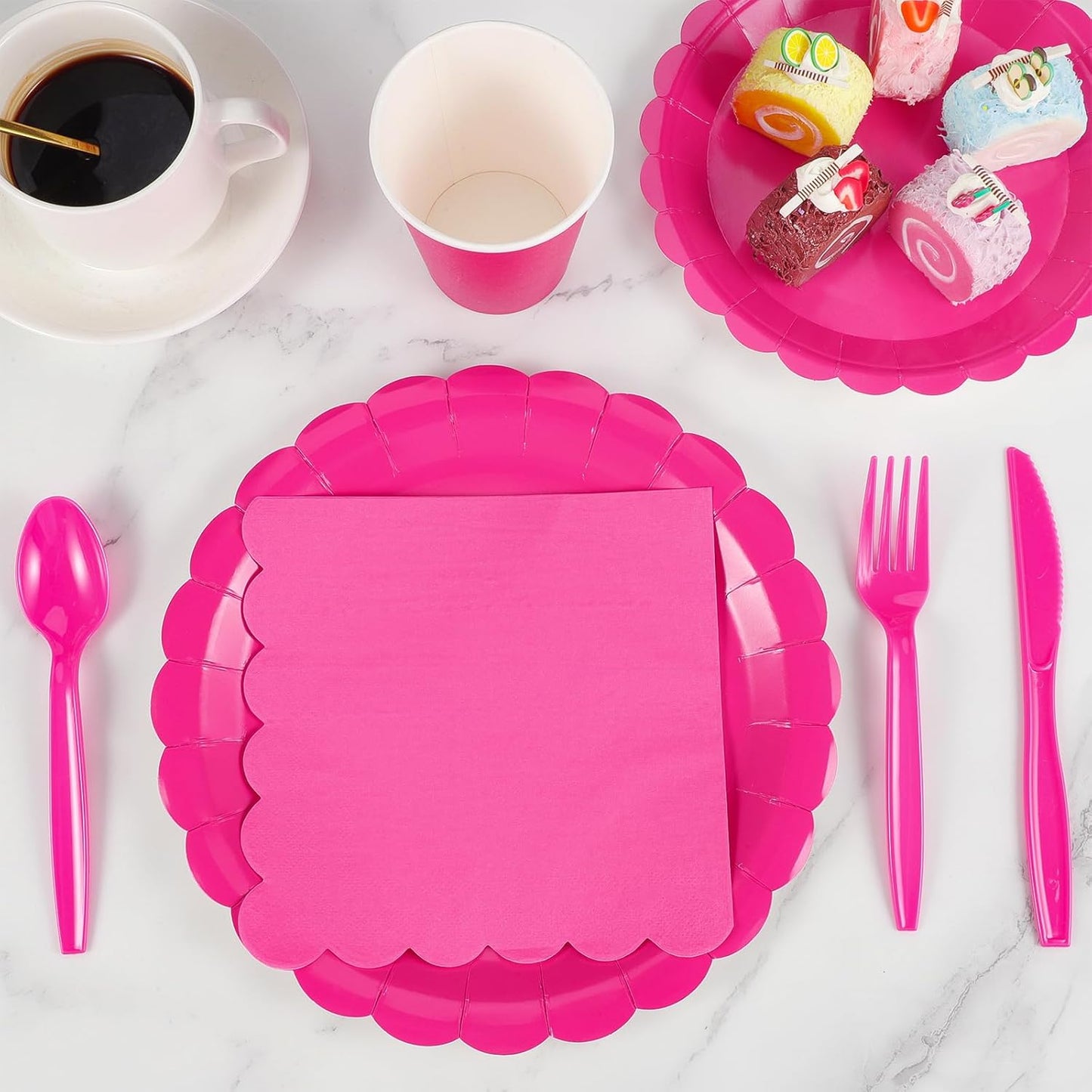 175 Pcs Hot Pink Paper Plates and Napkins, 25 Guest Hot Pink Party Supplies Include Scalloped Plates Napkins Cups Plastic Cutlery Set for Birthday, Bridal Shower