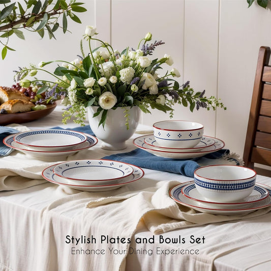Dinnerware Sets for 8, 24-Piece Stoneware Plates and Bowls Sets for 8 Everyday Dishware Sets for 8, Microwave Safe, Scratch-resistant, Vintage Geometric Design, Service for 8