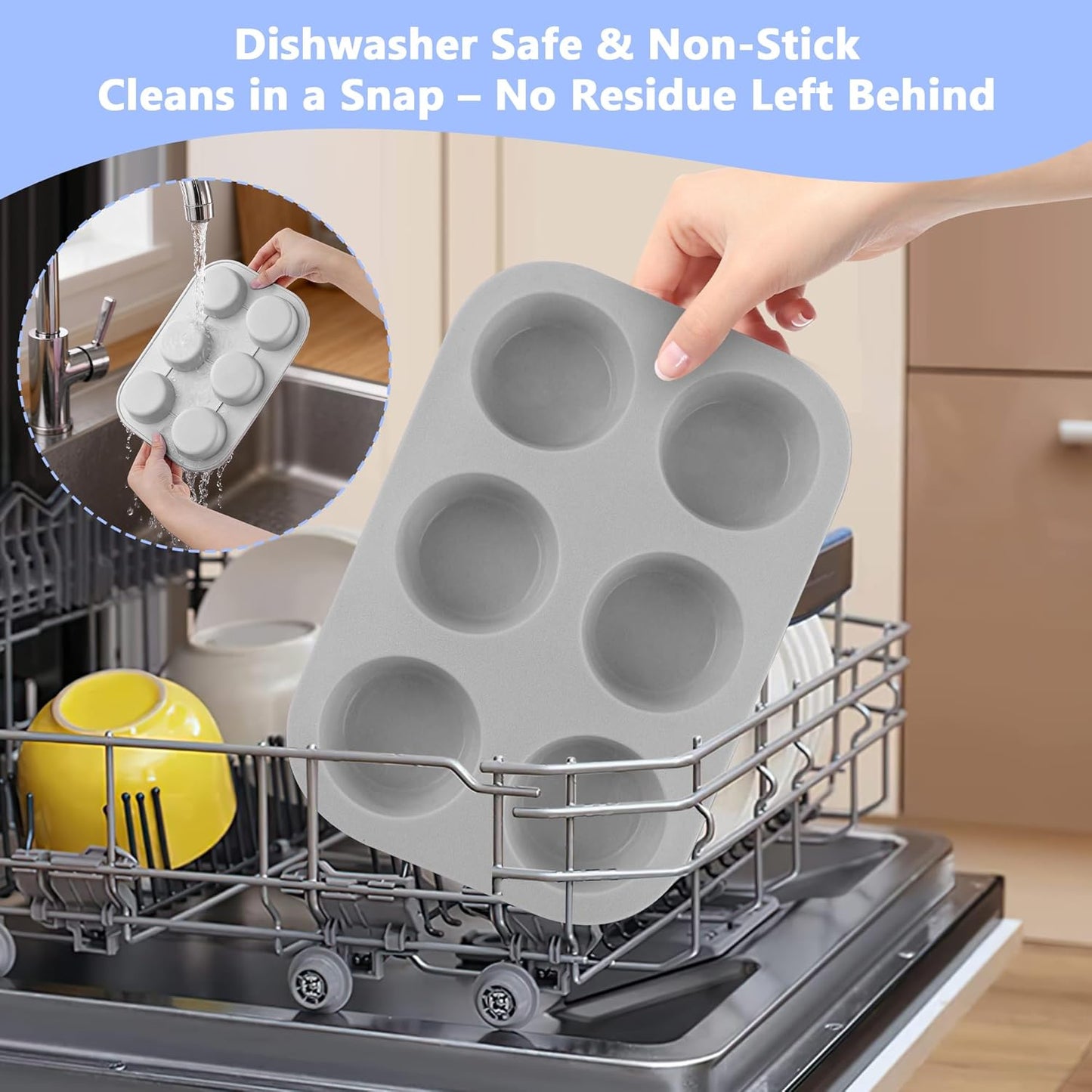 3-Pack 6-Cup Silicone Muffin Pans, Nonstick Cupcake Baking Molds, Muffin Cupcake Pans Molds for Baking, BPA/PFA-Free, Dishwasher & Oven Safe - Gray