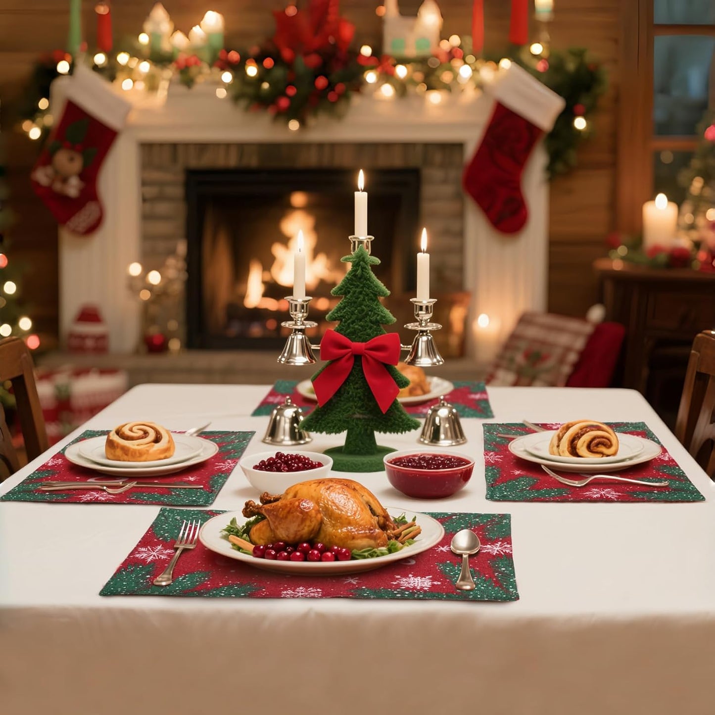 MANSPHIL Red Christmas Placemats Set of 4 Snowflake Fabric Table Mats Farmhouse Table Decor Faux Linen Place Mats Heat Resistant Washable Wrinkle Free Dining Kitchen - 13x19 Oeko Tex Placemat