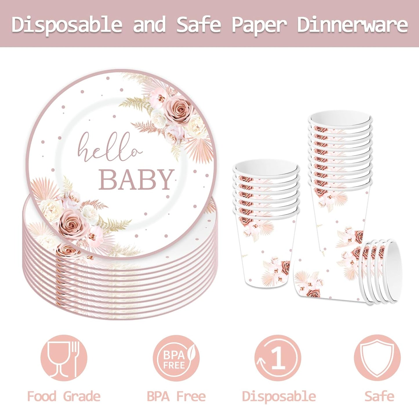 120PCS Boho Baby Shower Party Plates and Napkins Cups Hello Baby Shower Dinnerware Supplies Pampas Grass Floral Rainbow for Baby Girls Tableware Set for 24 Guests