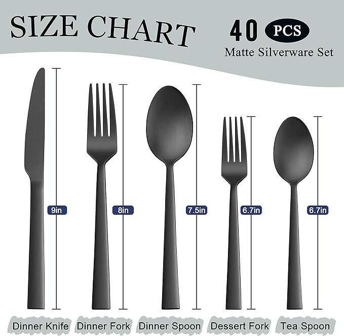 Herogo 40-Piece Matte Black Silverware Set for 8, Stainless Steel Square Flatware Cutlery Set, Tableware Eating Utensils Include Knife Spoon Fork, Satin Finish, Dishwasher Safe