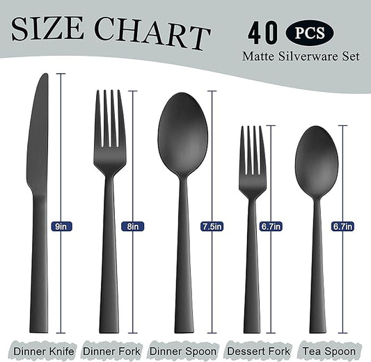 Herogo 40-Piece Matte Black Silverware Set for 8, Stainless Steel Square Flatware Cutlery Set, Tableware Eating Utensils Include Knife Spoon Fork, Satin Finish, Dishwasher Safe