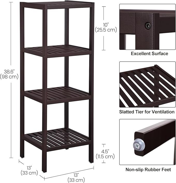 SONGMICS Bamboo Storage Shelf, 4-Tier Shelving Unit, Multifunctional, in the Entryway, Bathroom, Living Room, Balcony, Kitchen, 13 x 13 x 38.6 Inches, Brown UBCB54C