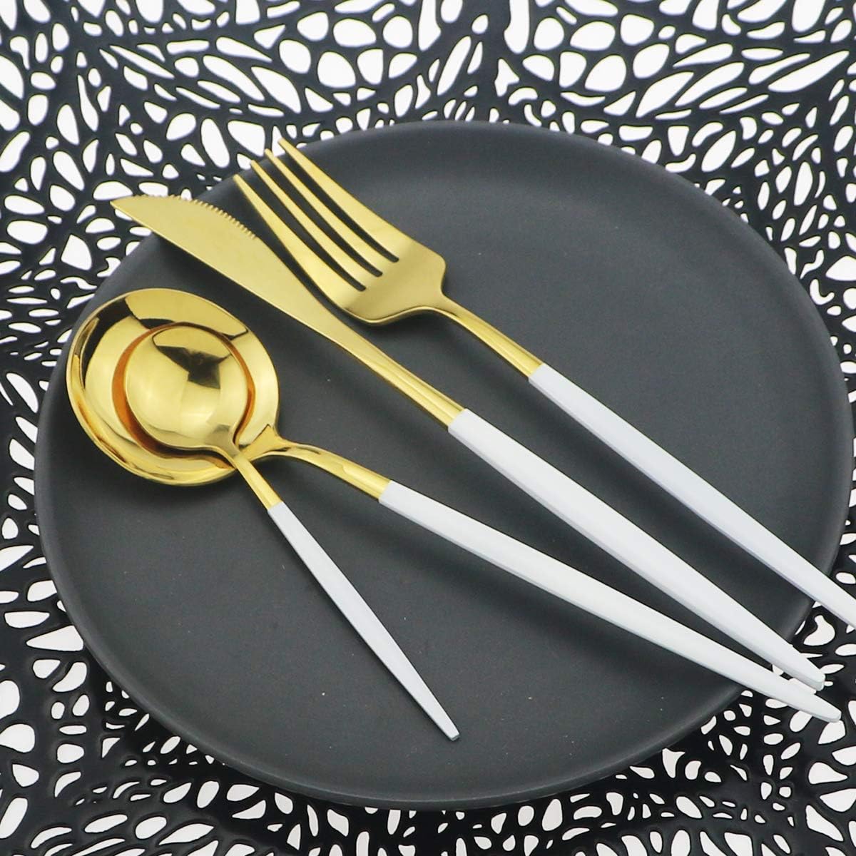 Shiny Silverware Sets, 24-Piece Elegant Cute White Handle Gold Cutlery set,304 Stainless Steel Silverware Set for Eating Home Kitchen Hotel Restaurant, Sets for 6 People, Dishwasher Safe