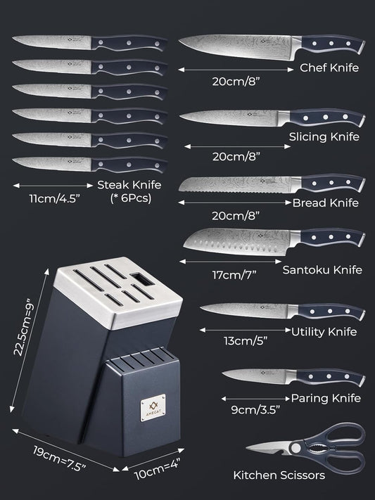 Knife Set, AMEGAT Knife Block Set with Advanced Self-Sharpening Technology, 14-Piece Waved Texture Kitchen Knives, Stainless Steel Knife Set with Block, Razor-Sharp and Full Tang Handle