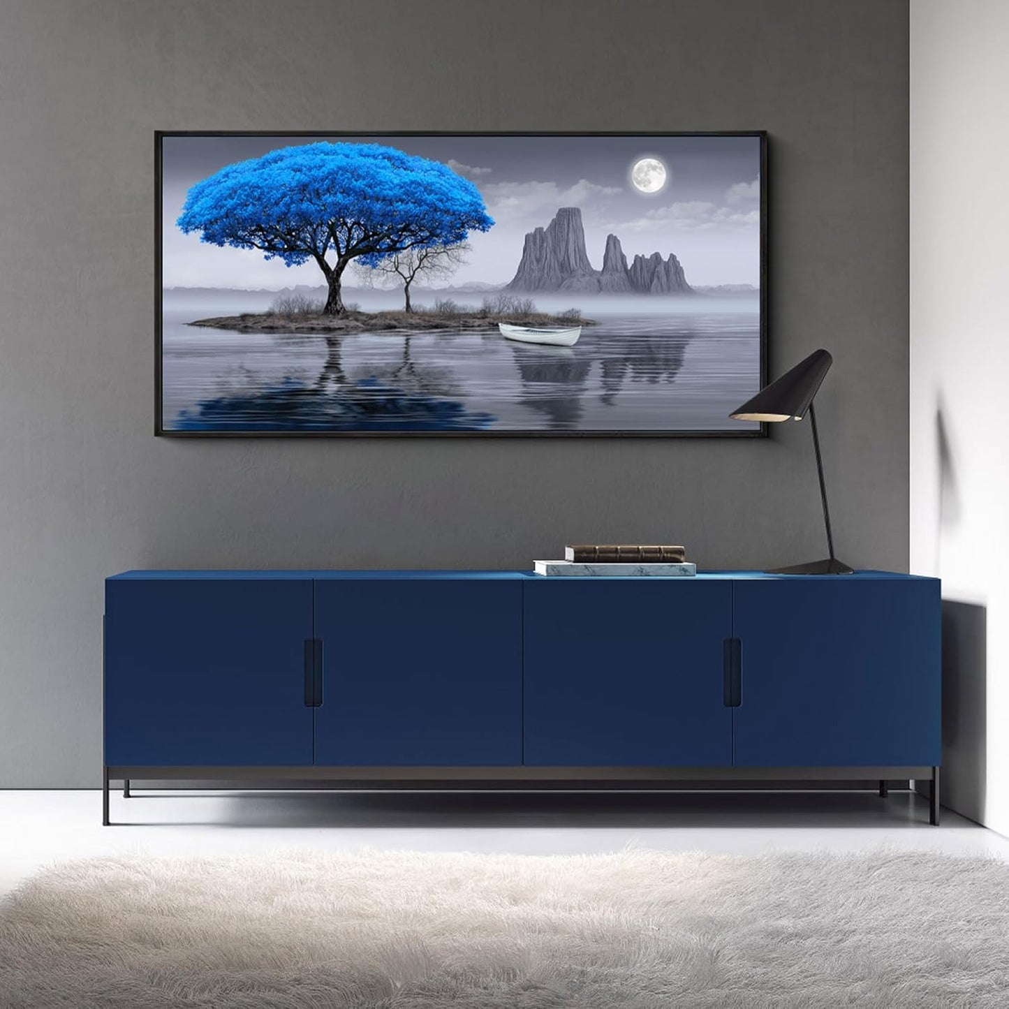 XLSJERST Wall Art for Living Room - Black and White Blue tree Moon Canvas Wall Decor for Home artwork Painting 58x29 Inches Canvas Print for Bedroom Decor Modern Salon Kitchen Office Hang a Picture
