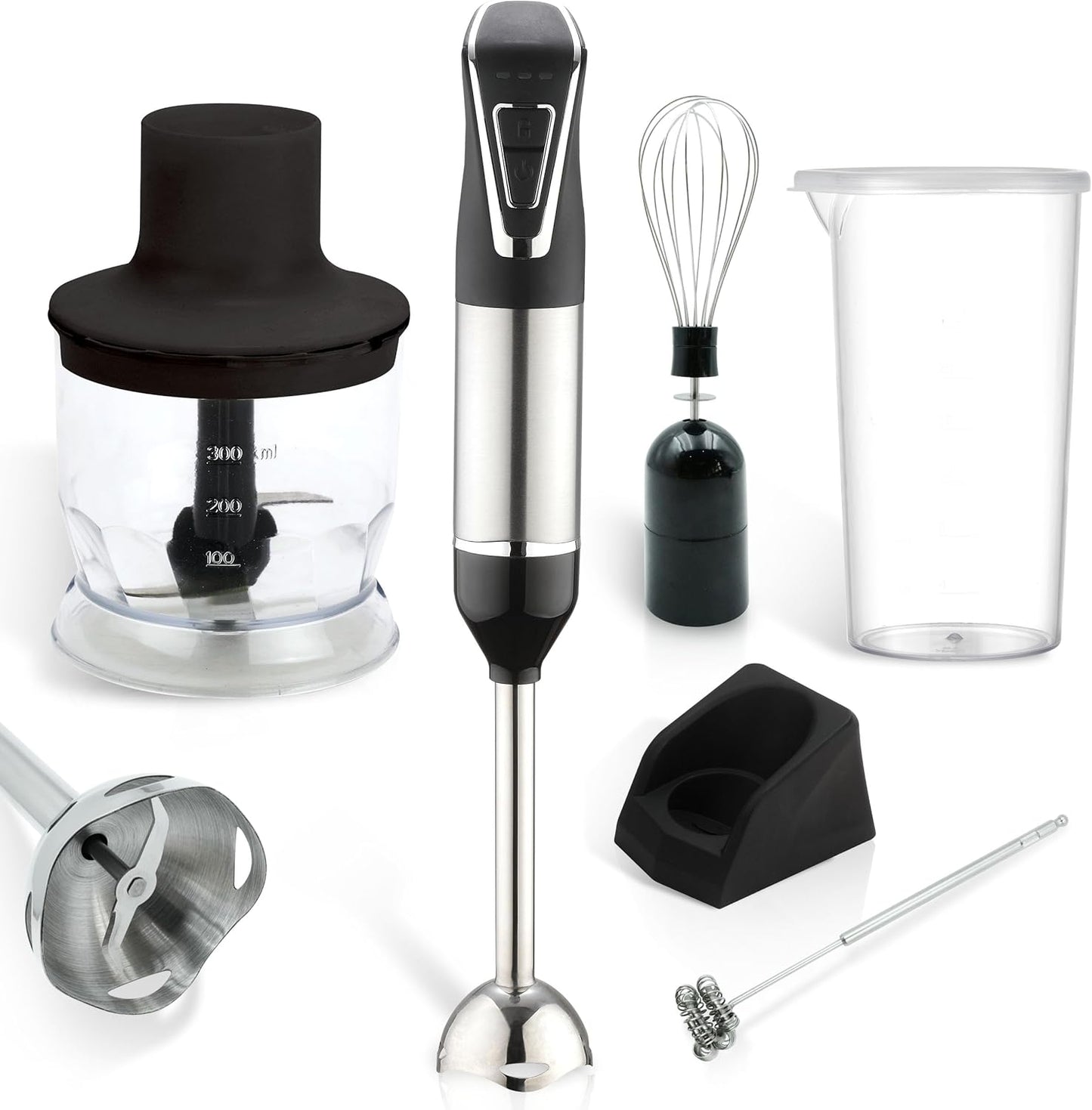 Cordless Portable Immersion Blender 5-in-1 Blender Set, Ice Crushing Power with One-Touch Speed Control, Comes with Potato Masher, Whisk, Chopper, Beaker, and Storage Case, Stainless Steel