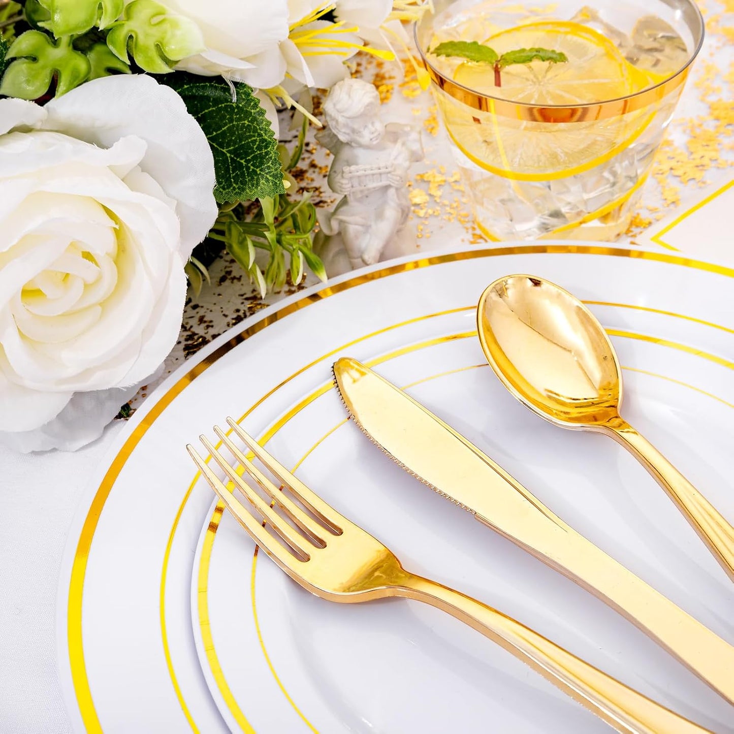 I00000 350Pcs Gold Dinnerware Set for 50 Guests, Gold Plastic Plates for Party, Include: 100 Disposable Plastic Plates, 50 Paper Napkins, 50 Cups, 50 Silverware Set Perfect for Party & Wedding