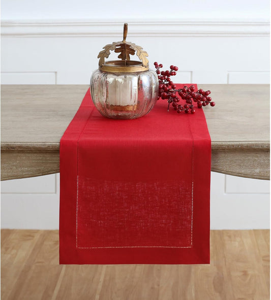 Solino Home Linen Red Table Runner 36 Inches - Classic Hemstitch, 100% Pure Linen Coffee Table Runner 14 x 36 Inch Ideal for Dresser Tables - Christmas, Holiday