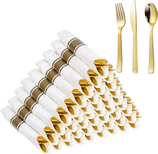 WELLIFE 50 Pack Gold Plastic Silverware with Pre Rolled Napkins,Gold Disposable Utensils, Includes: 50 Forks,50 Knives,50 Spoons,50 Napkins,gold Silverware Disposable