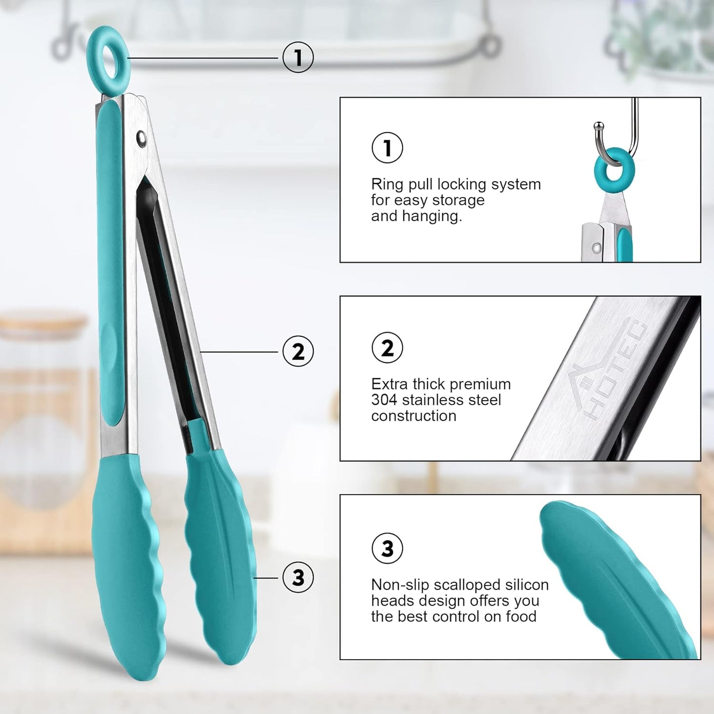 HOTEC Premium Stainless Steel Locking Kitchen Tongs with Silicon Tips, Set of 2-9" and 12", Blue