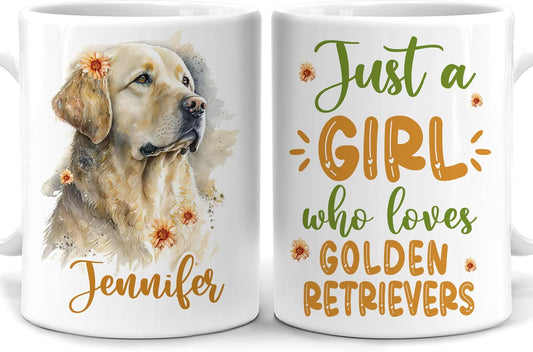 Hyturtle Personalized Gifts Golden Retriever Lover - Just A Girl Who Loves Golden Retrievers Custom Name Ceramic Coffee Mug Cup 11oz - Idea Cute Dog Lover Gifts For Women, Girl On Birthday, Christmas