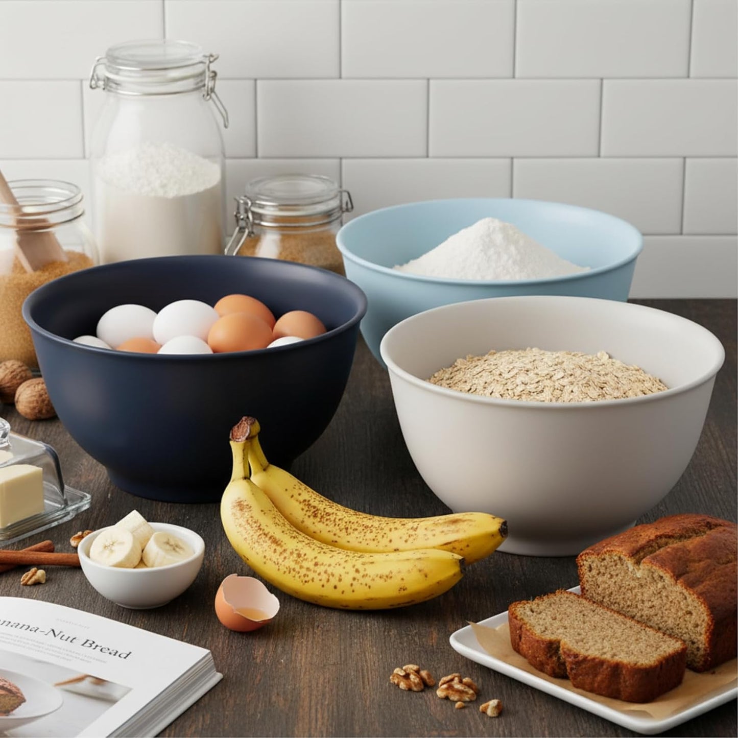 TP Large Mixing Bowl Set with Lids, Melamine Nesting Bowls Set for Pasta Baking Salad Mixing, Set of 3, Blue and White