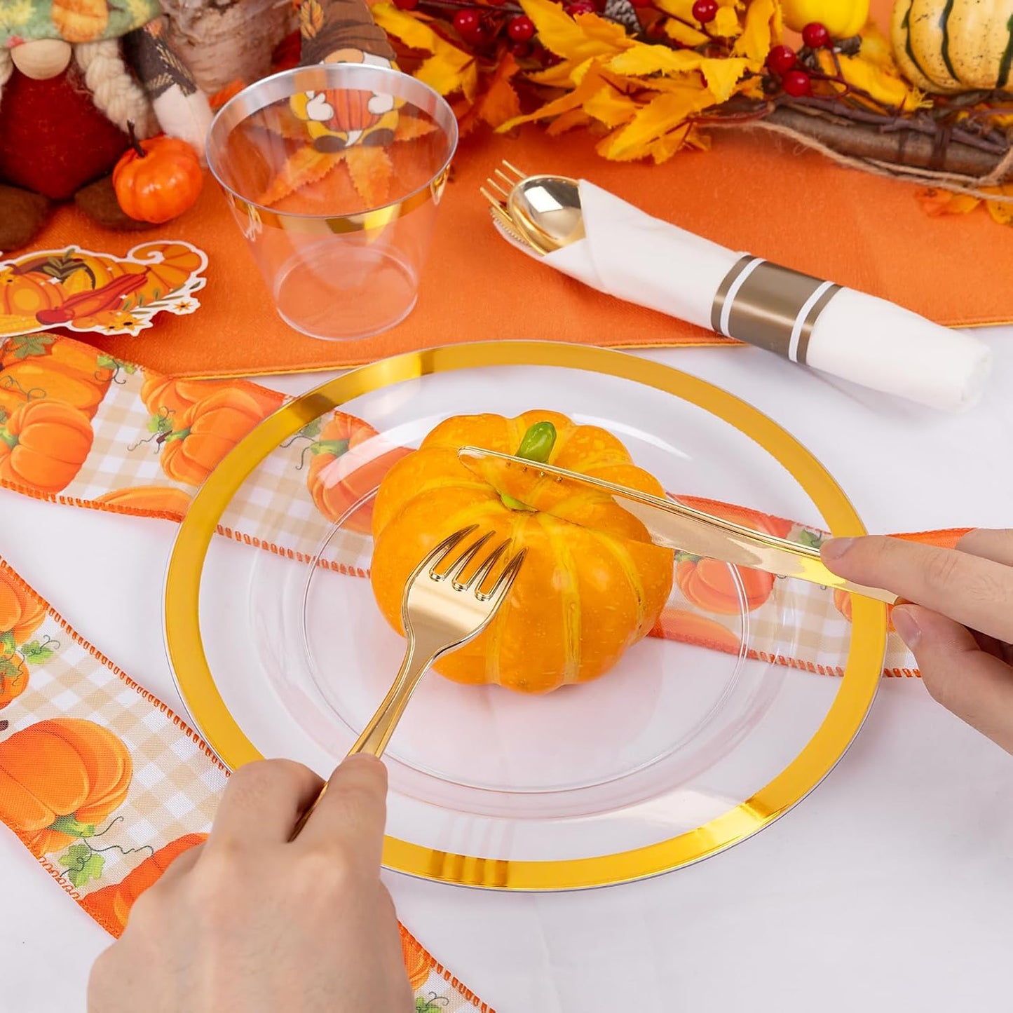 Liacere 350PCS Clear Gold Plastic Plates for 50 Guests Dinnerware Include 100 disposable Plates 150 Gold Silverware 50Napkins for Party&Wedding&Thanksgiving&Fall Decor