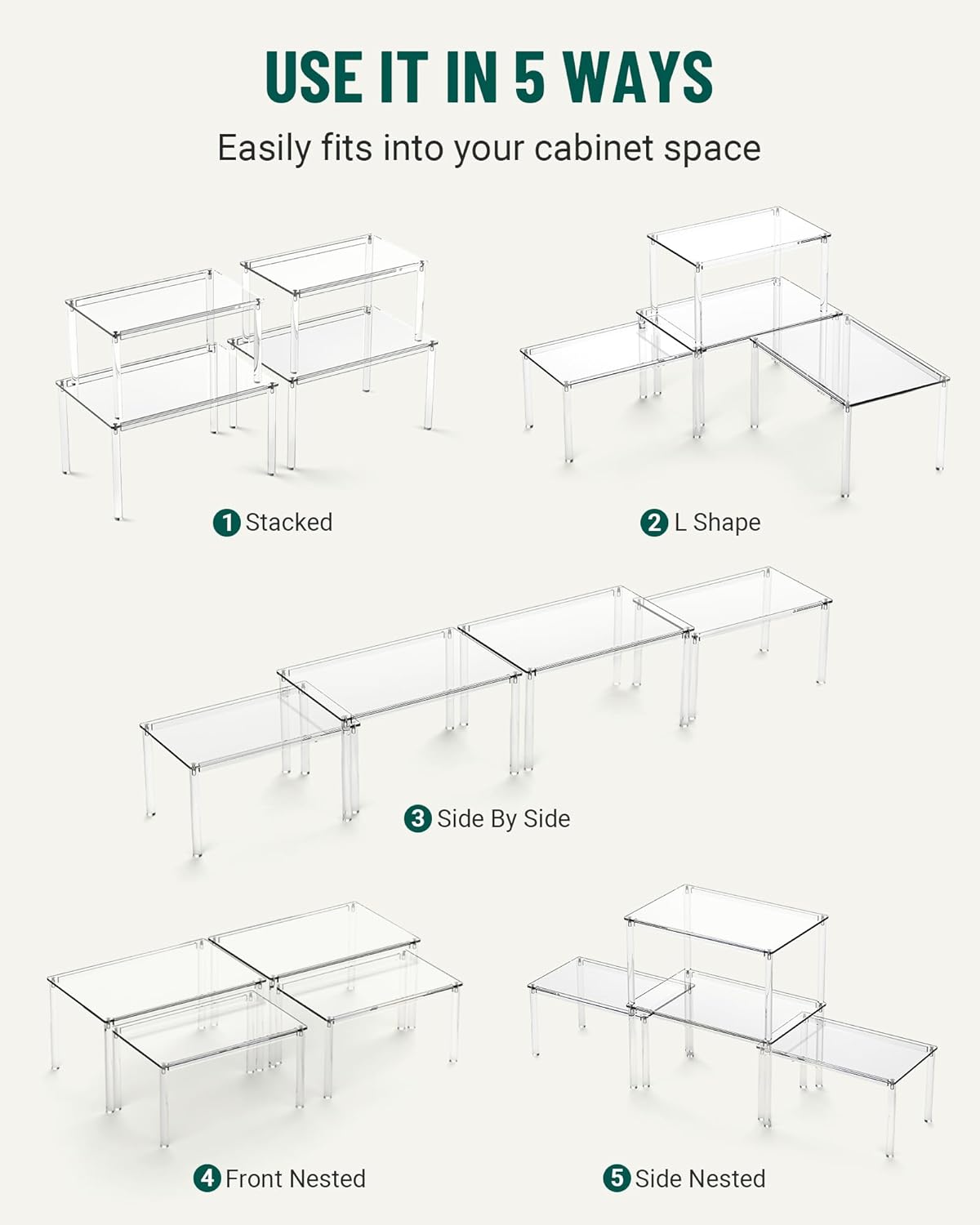 Acrylic Cabinet Organizer, Set of 2 Shelf Organizer, Spice Rack Organizer for Cabinet, Desk Countertop Organizer, Stackable Shelves for Pantry Kitchen Storage and Organization