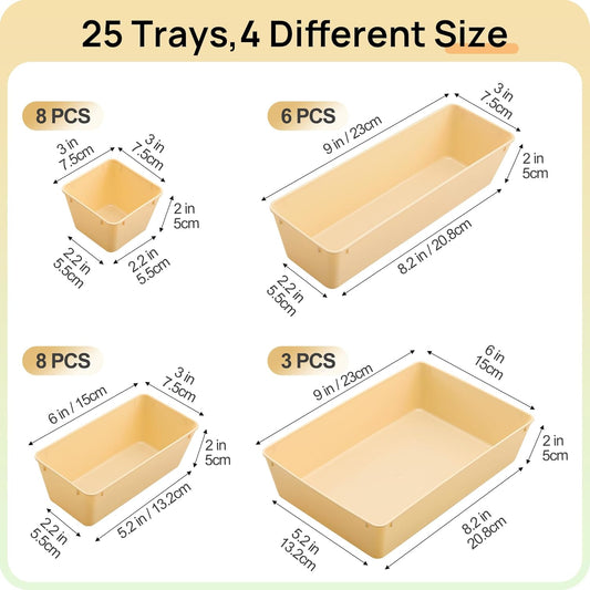 Vtopmart 25 PCS Plastic Drawer Organizers Set, 4-Size Versatile Bathroom and Vanity Drawer Organizer Trays, Storage Bins for Makeup, Bedroom, Kitchen Gadgets Utensils and Office