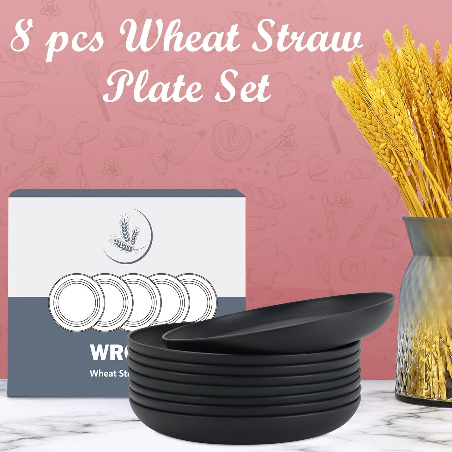 Wrova Wheat Straw Plates - 10 Inch Unbreakable Dinner Plates Set of 8 - Dishwasher & Microwave Safe Plastic Plates Reusable - Lightweight Plate for kitchen,camping (Pure Black)
