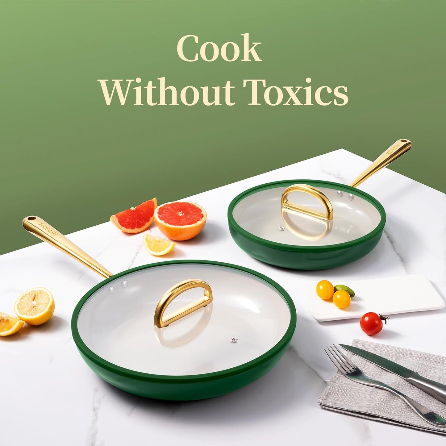 ROYDX Titanium Ceramic Nonstick Fry Pan Set 8", 10" and 12" Frying Pan Skillet Set with Glass Lids-Non Toxic, PTFE & PFOA Free - Oven Dishwasher Safe & Compatible with All Stovetops-Pine Green