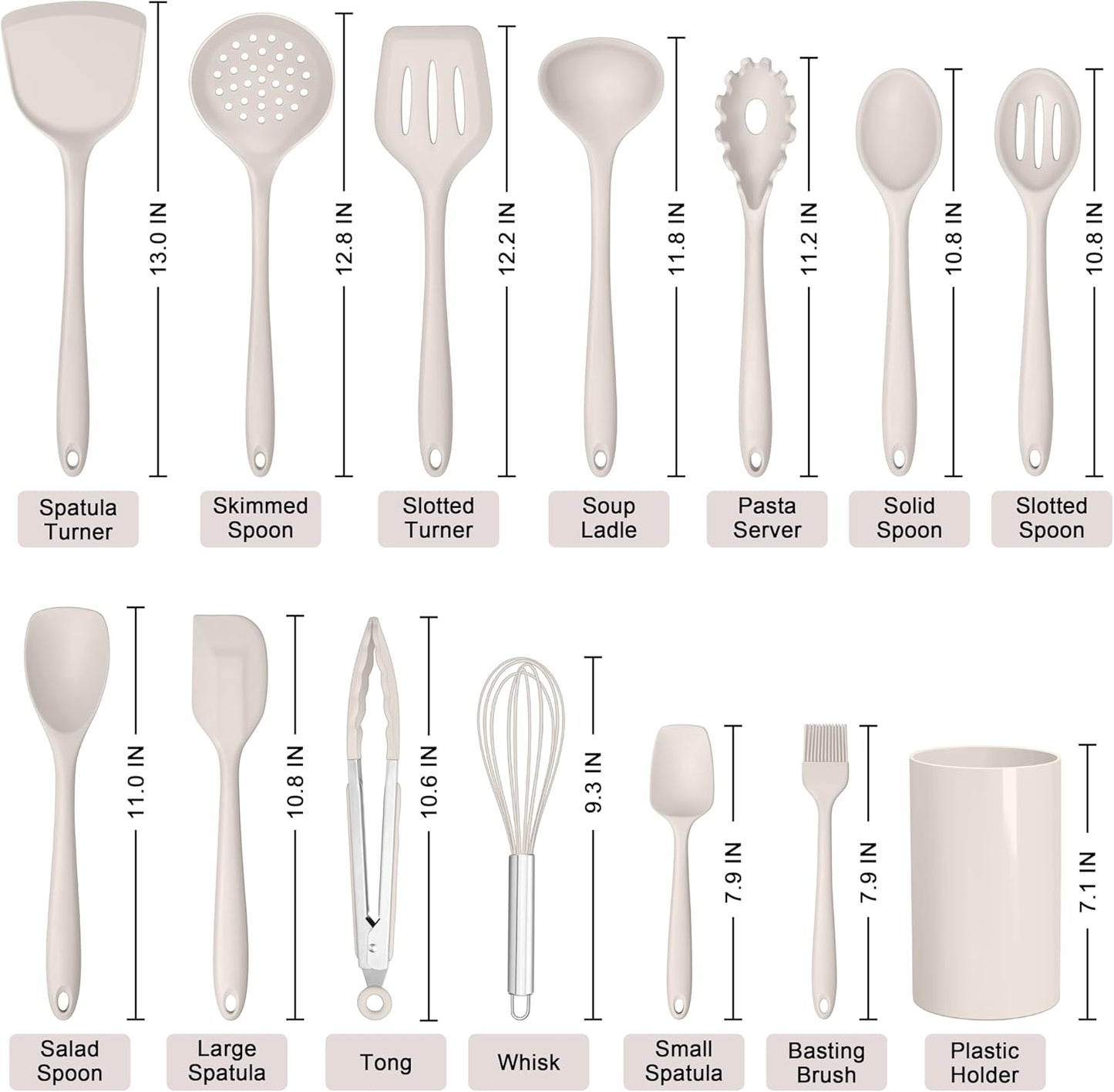 HaWare Kitchen Utensils, 14 PCS Silicone Cooking Utensils Set, Heat Resistant Kitchen Utensils for Non-stick Cookware, Kitchen Gadgets Tools with Spoons, Spatulas, Whisk, Dishwasher Safe (Khaki)