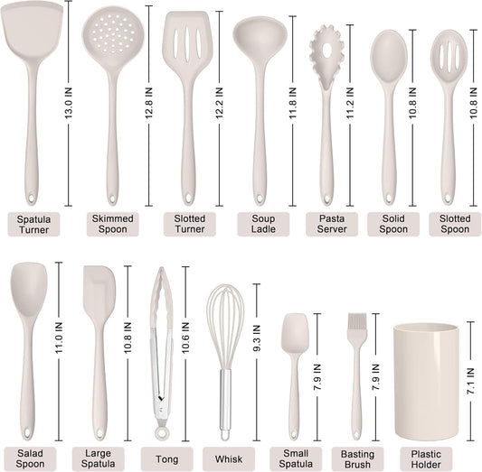 HaWare Kitchen Utensils, 14 PCS Silicone Cooking Utensils Set, Heat Resistant Kitchen Utensils for Non-stick Cookware, Kitchen Gadgets Tools with Spoons, Spatulas, Whisk, Dishwasher Safe (Khaki)