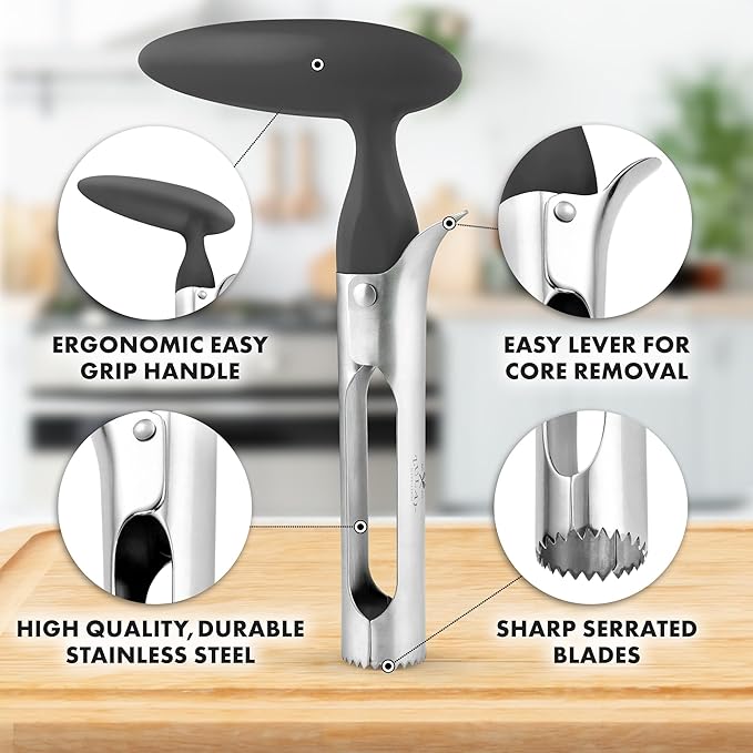 Zulay Kitchen Premium Apple Corer Tool - Ultra Sharp, Stainless Steel, Serrated Blades for Easy Coring - Easy to Use & Clean, Durable Apple Corer Remover for Baking Apples & More - Gray