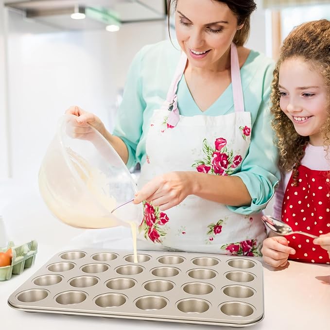 Beasea Mini Muffin Pan 24 Cups Nonstick, 1 Pack 24 Mini Small Cup Non Stick Muffin Baking Pan Tin Tray Carbon Steel Bakeware Individual Cupcake Baking Pan - Gold