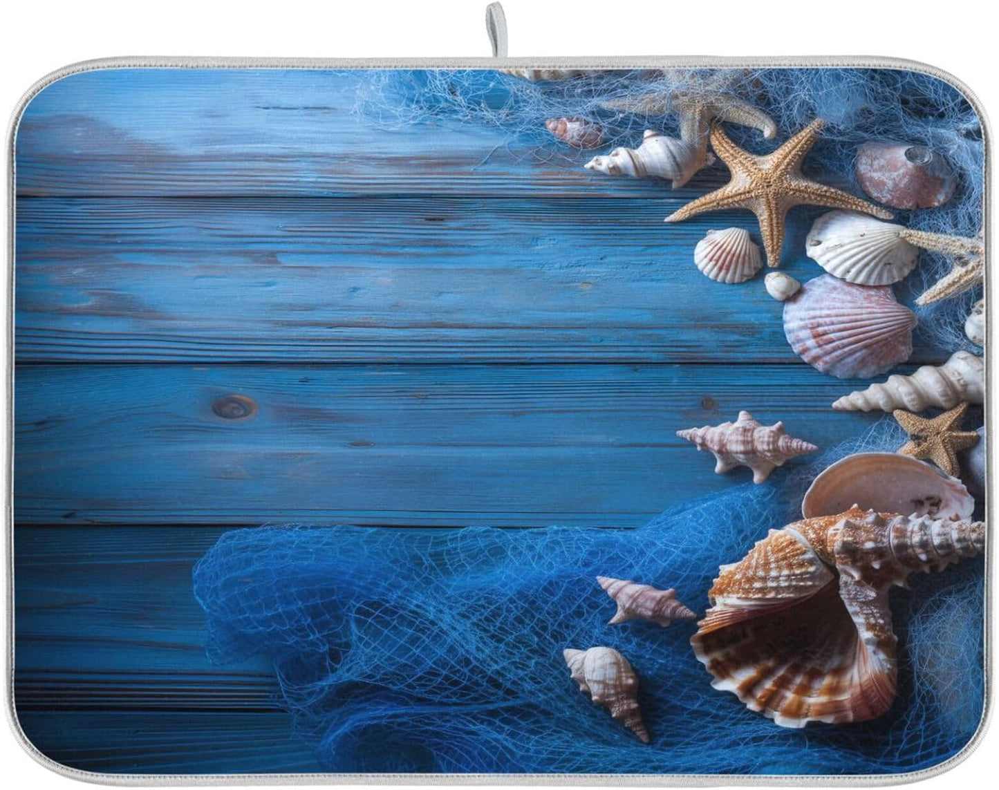 Blue Fishing Nets Seashells Starfish Dish Drying Mat for Kitchen Counter Super Absorbent Dishes Pad Reversible Microfiber Protector Dish Draining Mats 16x18 inch