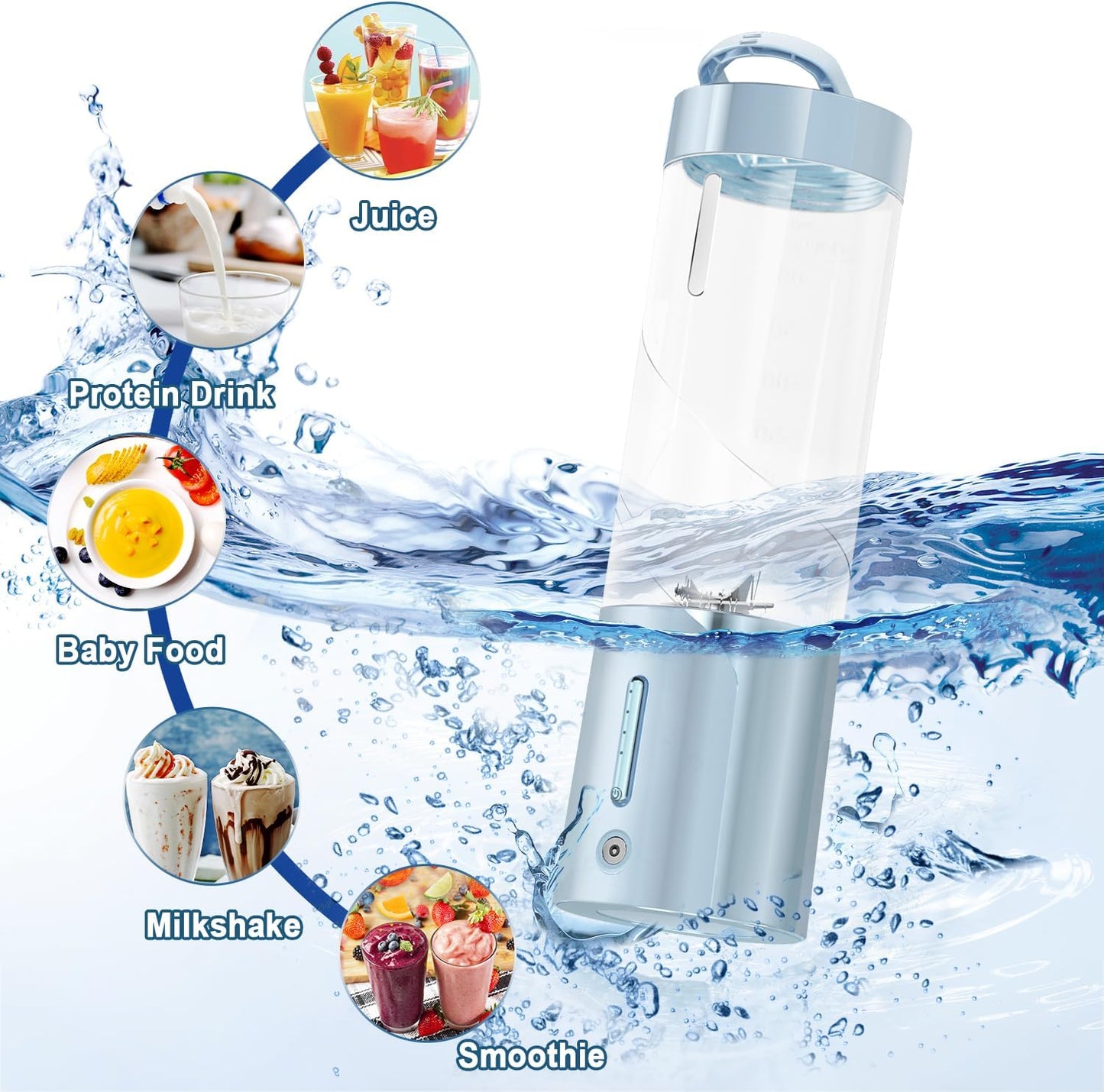 Personal Portable Blender - 16 Oz Mini Cup with 6 Blades, USB Rechargeable - Perfect for Shakes, Smoothies and Juice - Compact Blender for Travel, Gym, Kitchen and Office