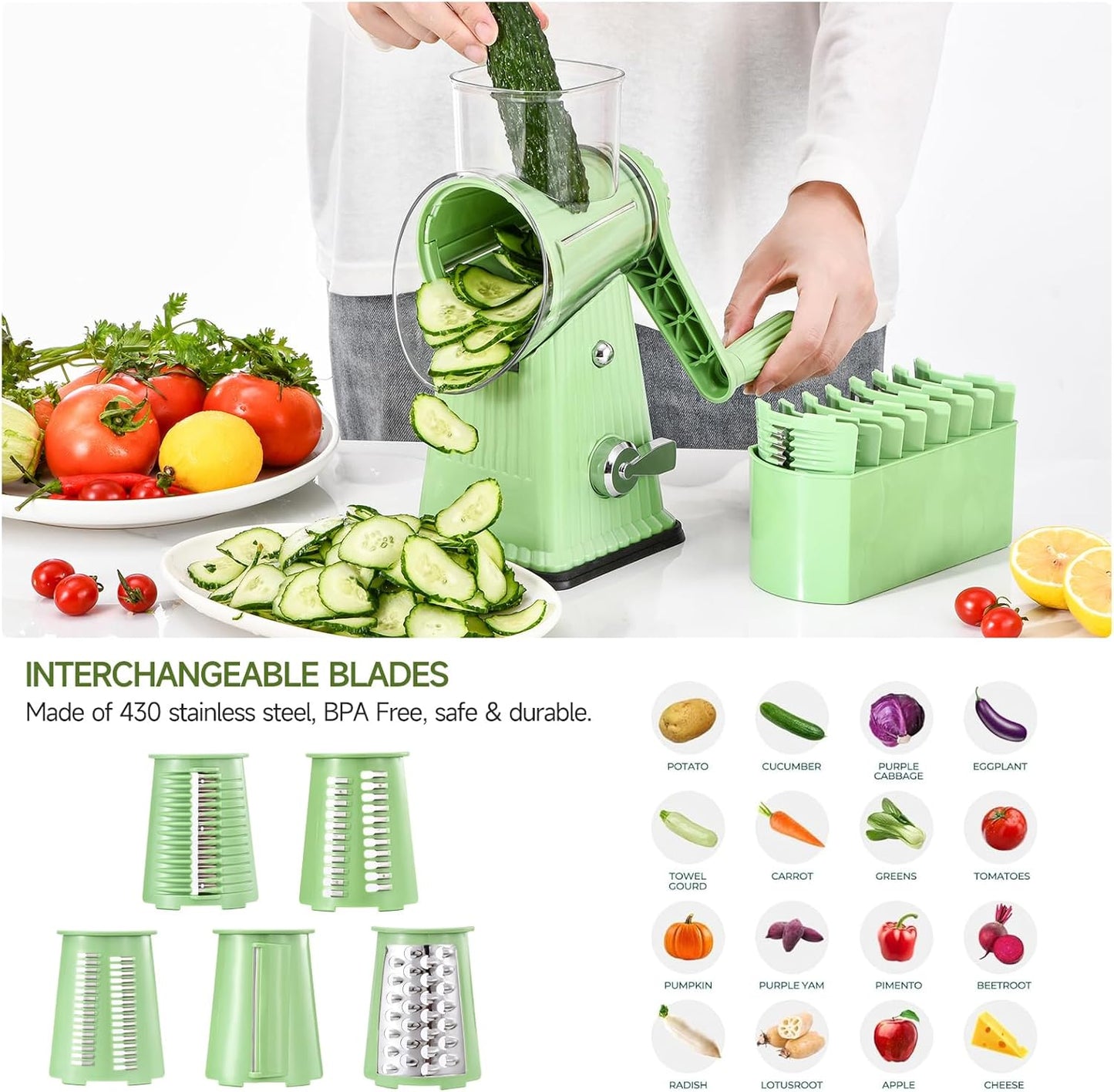 Xilrvna RotaryCheeseGrater,VegetableShredder 5 in 1 Cheese GraterwithHandleedderReinforcedSuction,EasytoClean,KitchenChopperforCrushedIce,Fruits and Nuts with Blade StorageCase（light green）