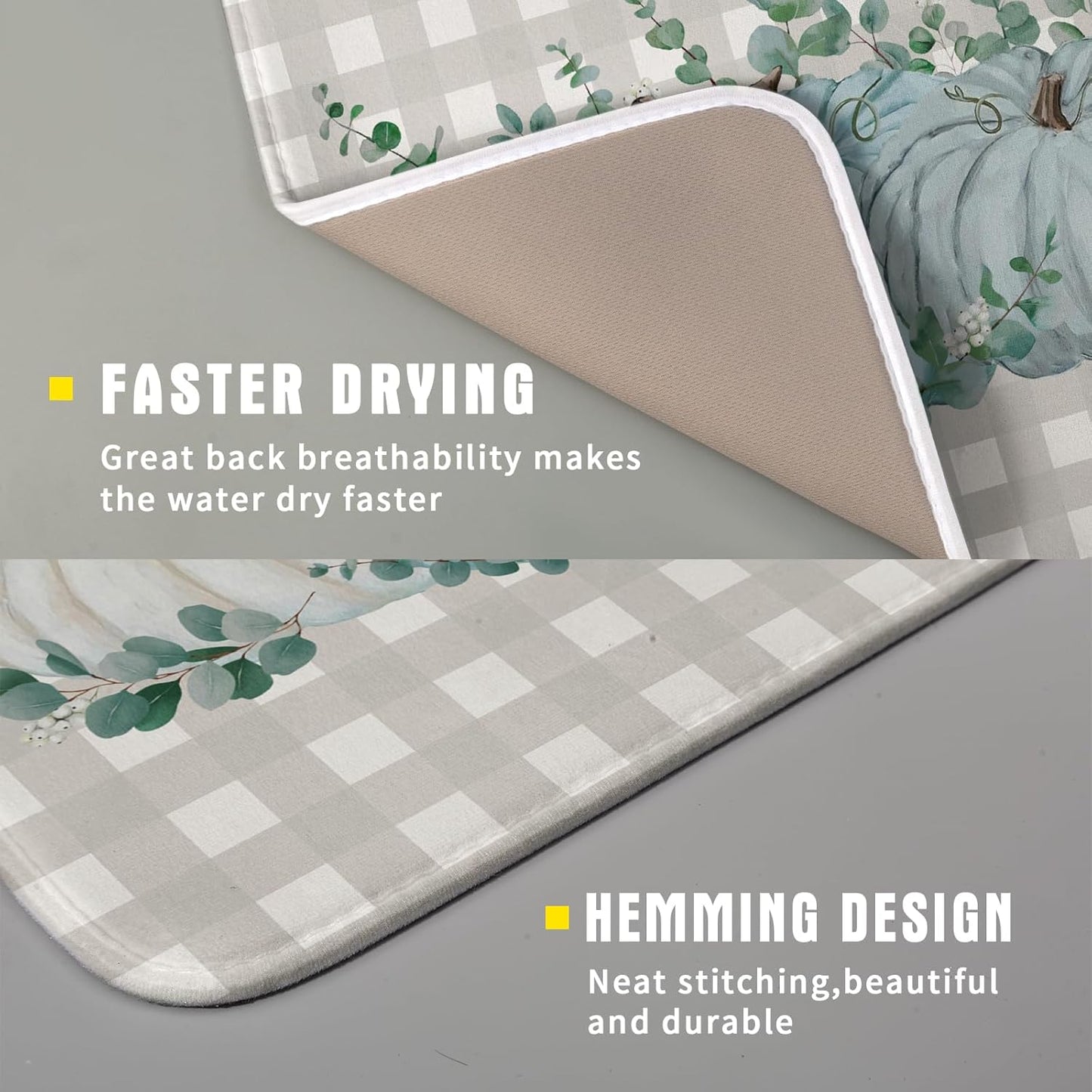 Fall Dish Drying Mats for Kitchen Counter 16×18 Inch Blue White Pumpkin Thanksgiving Harvest Festival Small Microfiber Drying Mat Kitchen Accessories Dish Rack Mat Drainer Pad Washable Absorbent