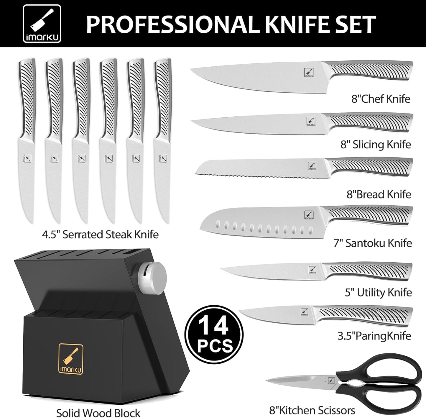 Knife Set, imarku 14Pcs Kitchen Knives Set, Premium Japanese Knife Set with Block, Razor-Sharp High Carbon Stainless Steel Knives Set for Kitchen, Dishwasher Safe, Built-in Sharpener, Black