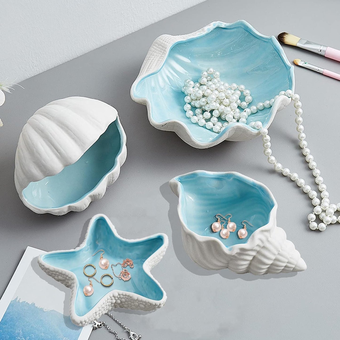 Ceramic Conch Jewelry Dish Tray Shell Trinket Dish Ring Holder Ocean Coastal Decor Jewelry Tray Decorative Tray Key Bowl for Jewelry Birthday Party Easter Gift Hom Room Beachy Decor (E STYLE)