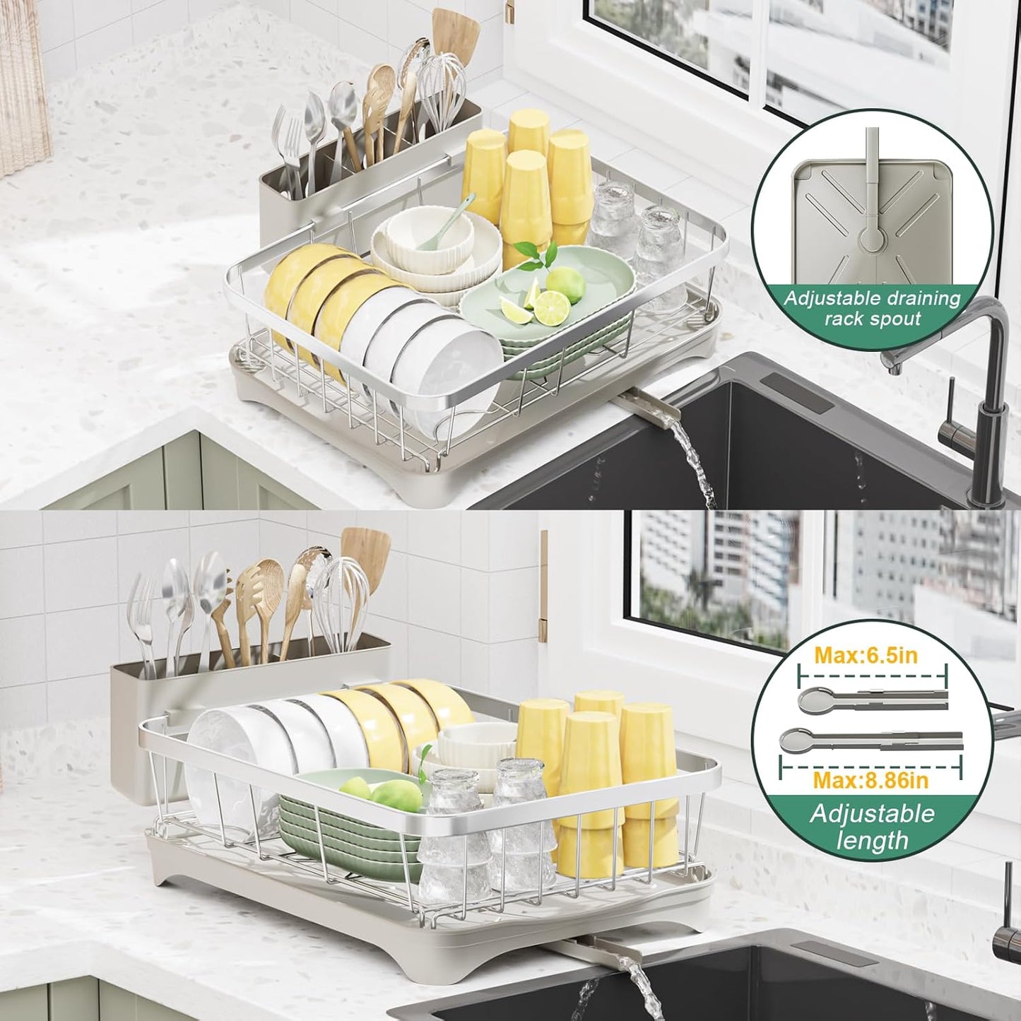 LIYI Dish Drainer,Large Capacity Storage,with Drain Outlet,304 Stainless Steel,Utensil Drain Rack, Multifunctional Kitchen Organizer,White