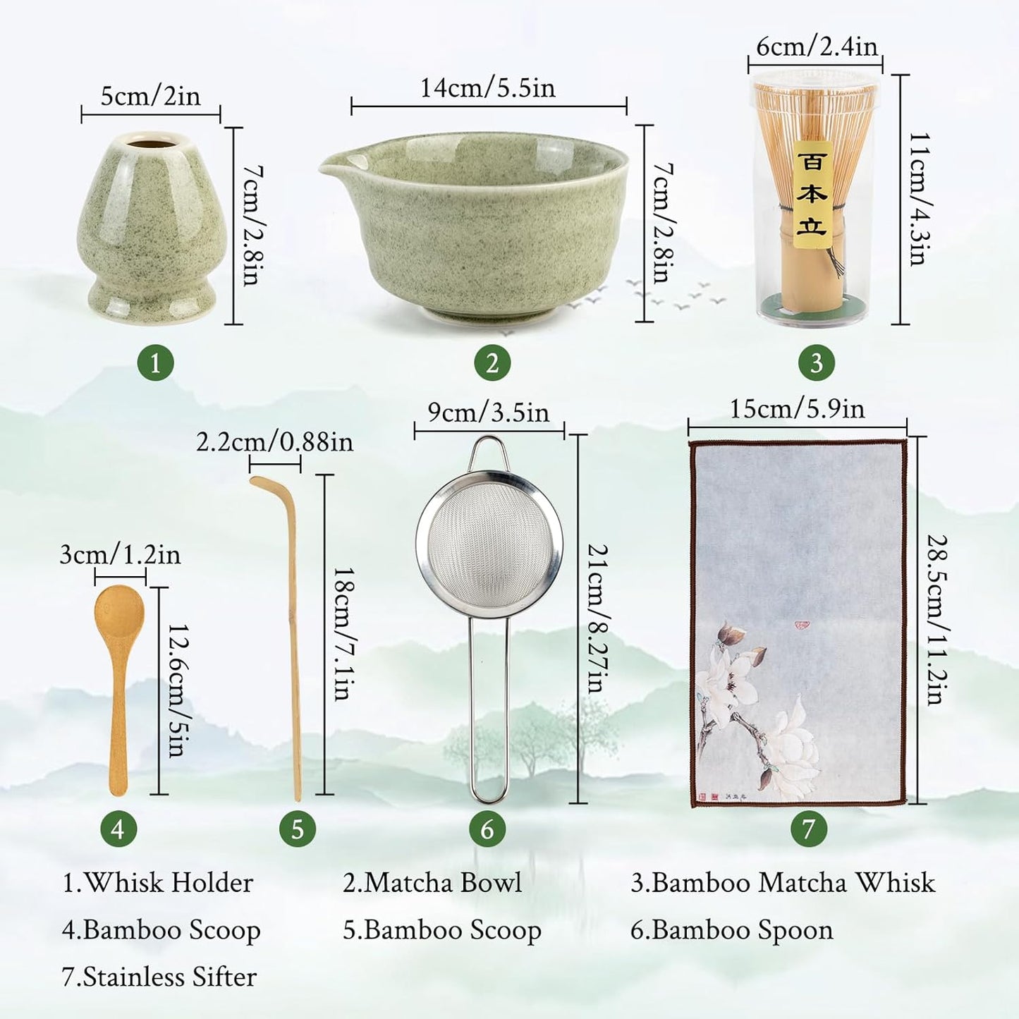 Matcha Whisk Set - Ceramic Matcha Set Includes Matcha Bowl, Whisk and Holder, Bamboo Scoop, Scoop Rest, Sifter and Tea Towel - 7 Pcs Ceremonial Gift Kit for Matcha Lovers (Pure Green)