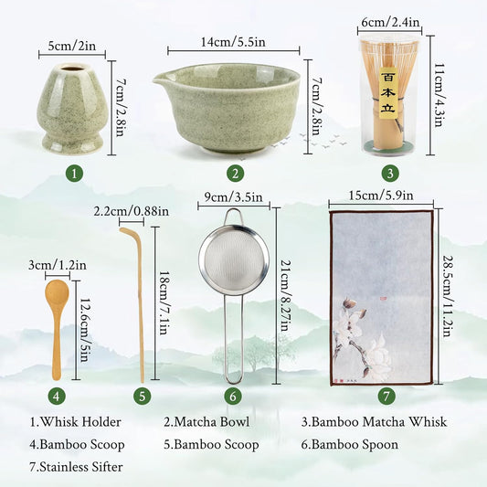 Matcha Whisk Set - Ceramic Matcha Set Includes Matcha Bowl, Whisk and Holder, Bamboo Scoop, Scoop Rest, Sifter and Tea Towel - 7 Pcs Ceremonial Gift Kit for Matcha Lovers (Green)