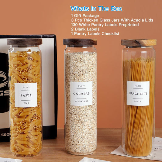 3 Set Glass Pantry Storage Jars with Acacia Airtight Lid - 50oz Thicken Glass Kitchen Canisters with 132 Pantry Labels - Tall Food Storage Containers with Wood Lid for Pasta,Spaghetti,Cereal